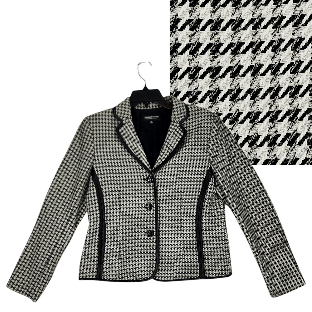Jones New York 10P Women Houndstooth Blazer Petite Black White Faux Leather Trim